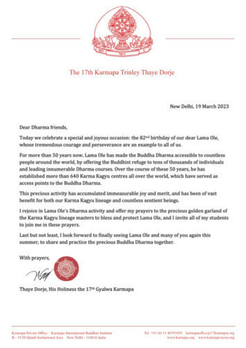 Karmapas Message For Lama Oles Nd Birthday The Th Karmapa